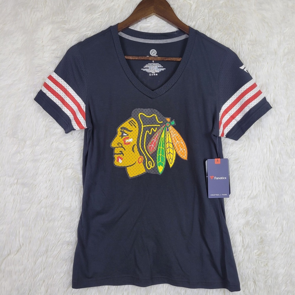 Fanatics Women Chicago Blackhawks Black V-Neck Jersey Tee Hockey